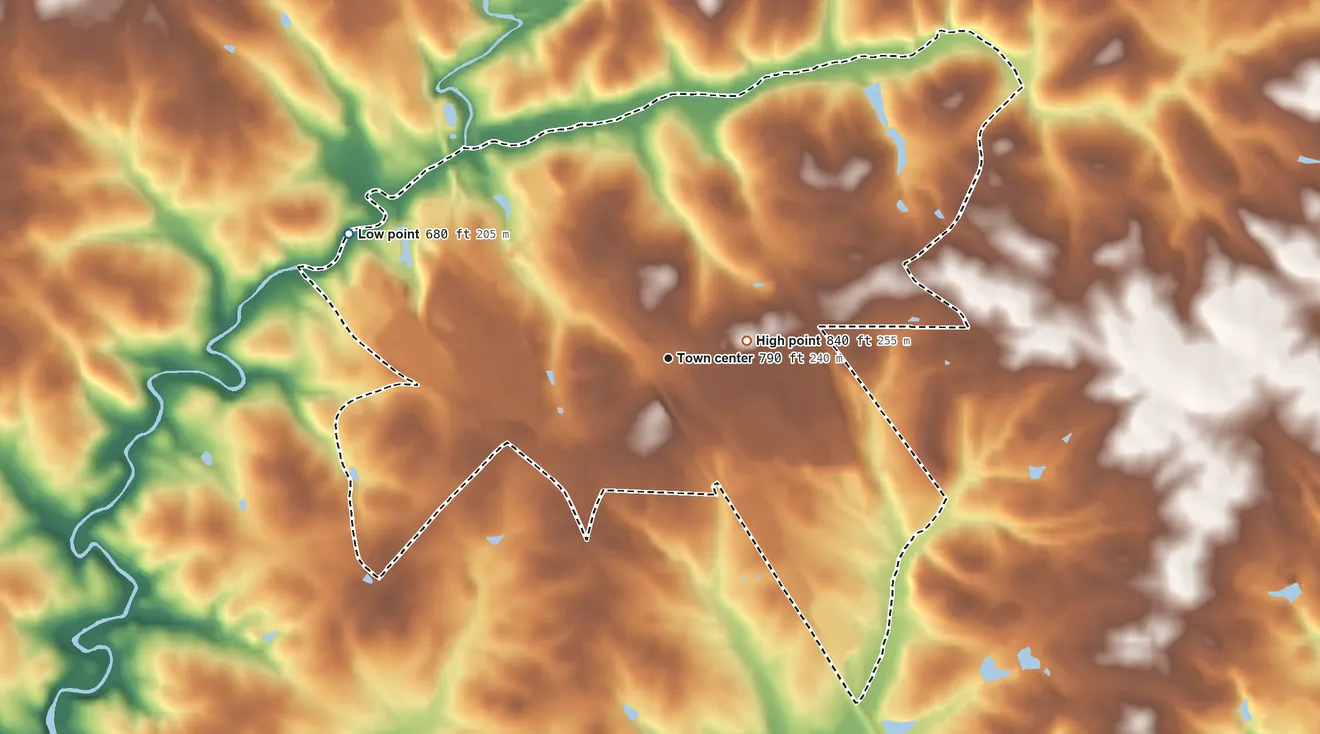 Topographic elevation map of Sandy Springs, South Carolina, shaded from 680 ft on the west side to 840 ft near the middle