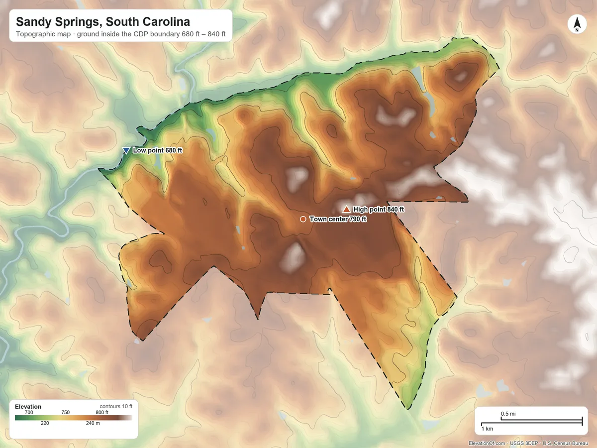 Topographic elevation map of Sandy Springs, South Carolina, shaded from 680 ft on the west side to 840 ft near the middle