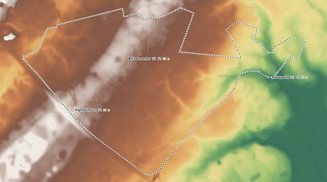 Topographic elevation map of Sangaree, South Carolina, shaded from 32 ft on the east side to 80 ft on the southwest side