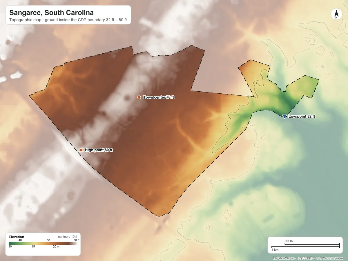 Topographic elevation map of Sangaree, South Carolina, shaded from 32 ft on the east side to 80 ft on the southwest side