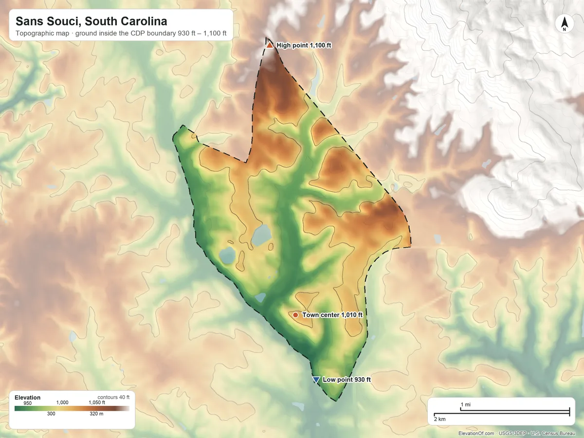Topographic elevation map of Sans Souci, South Carolina, shaded from 930 ft on the south side to 1,100 ft on the north edge, below higher ground just outside