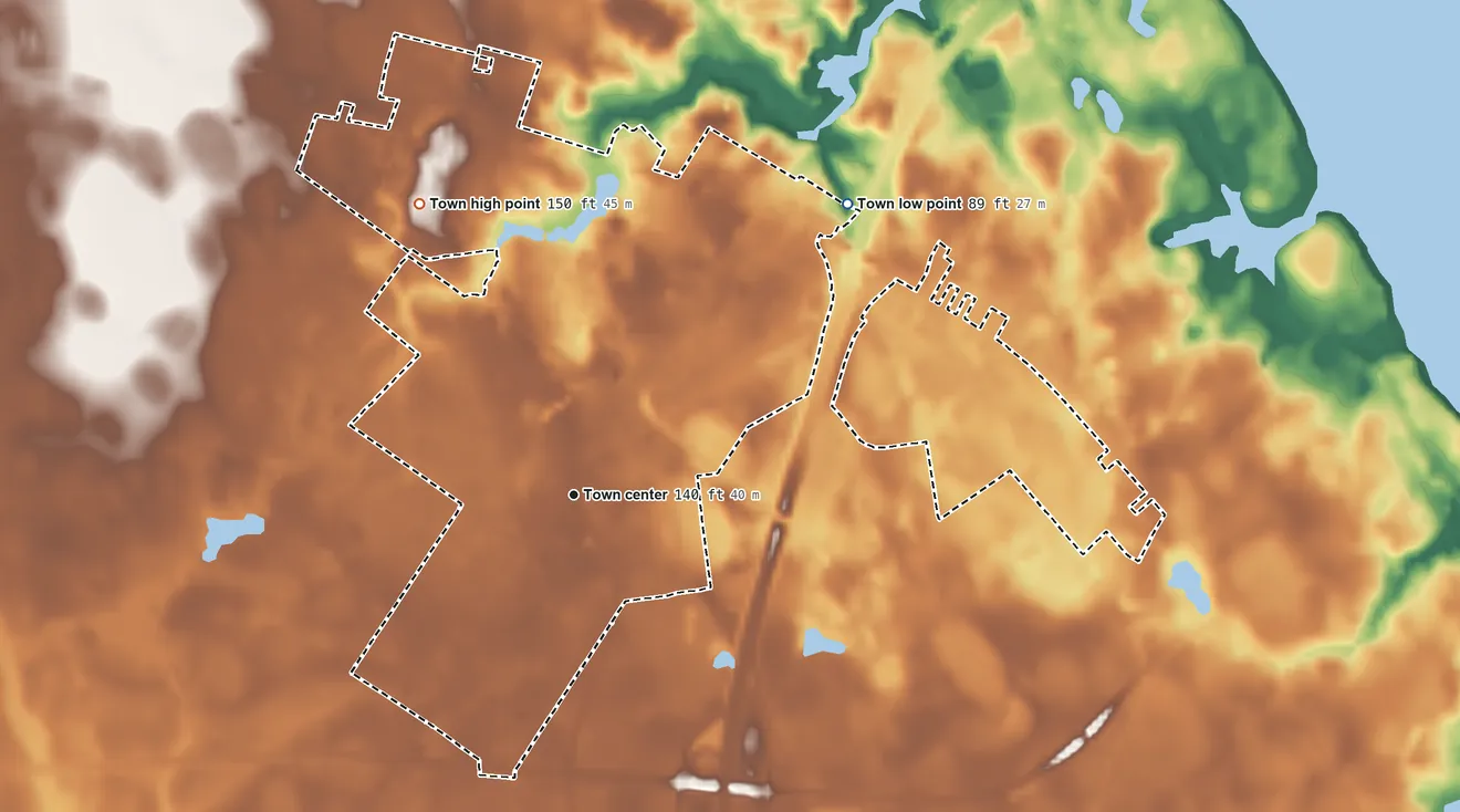 Topographic elevation map of Santee, South Carolina, shaded from 89 ft on the northeast side to 150 ft on the northwest side