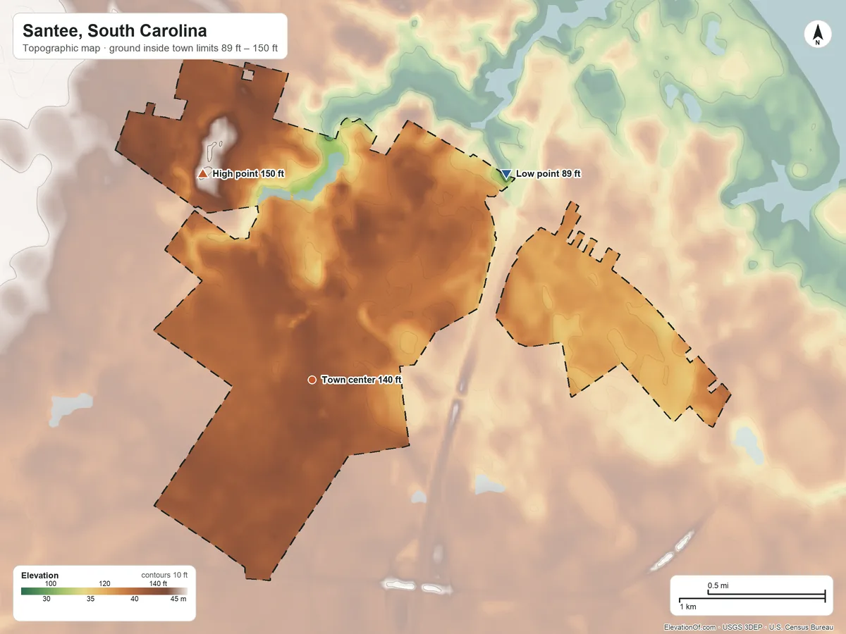 Topographic elevation map of Santee, South Carolina, shaded from 89 ft on the northeast side to 150 ft on the northwest side