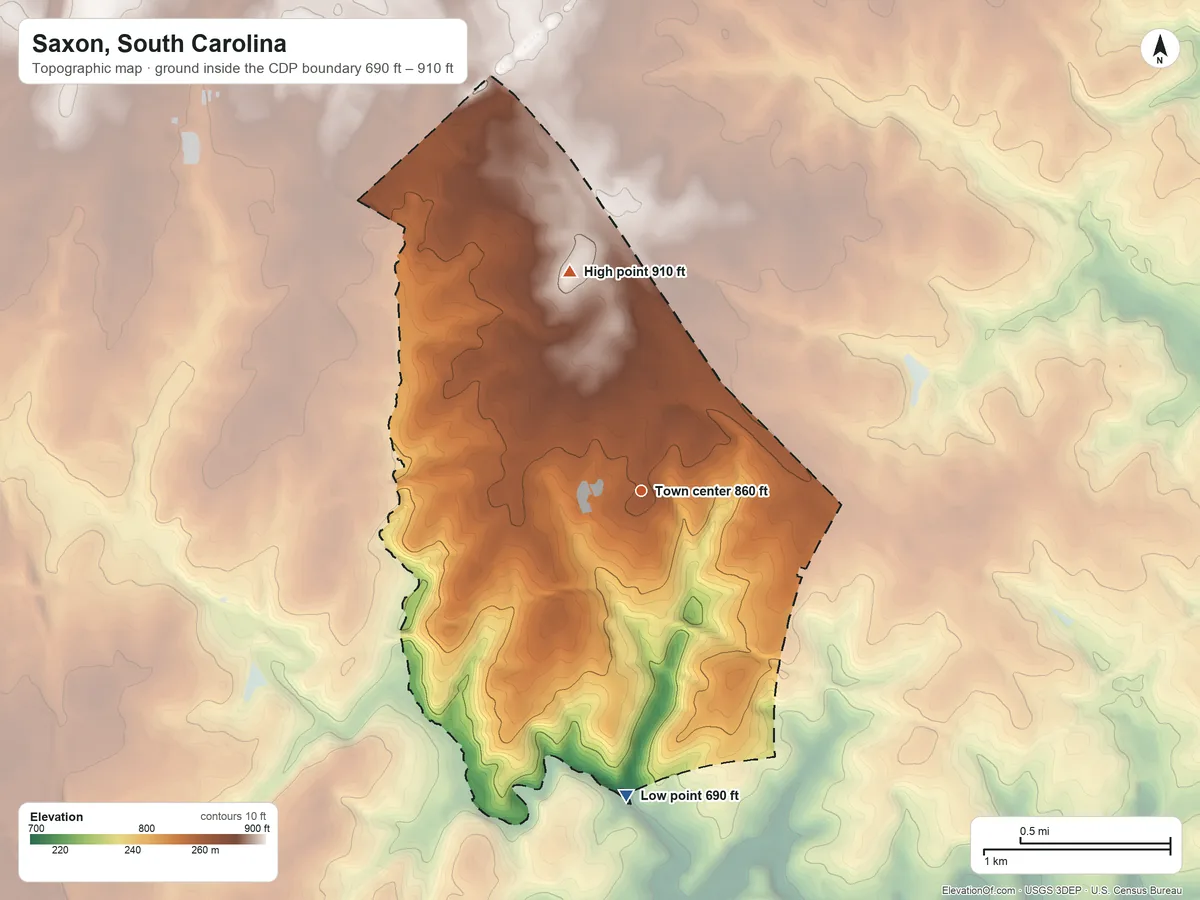 Topographic elevation map of Saxon, South Carolina, shaded from 690 ft on the south side to 910 ft on the north side
