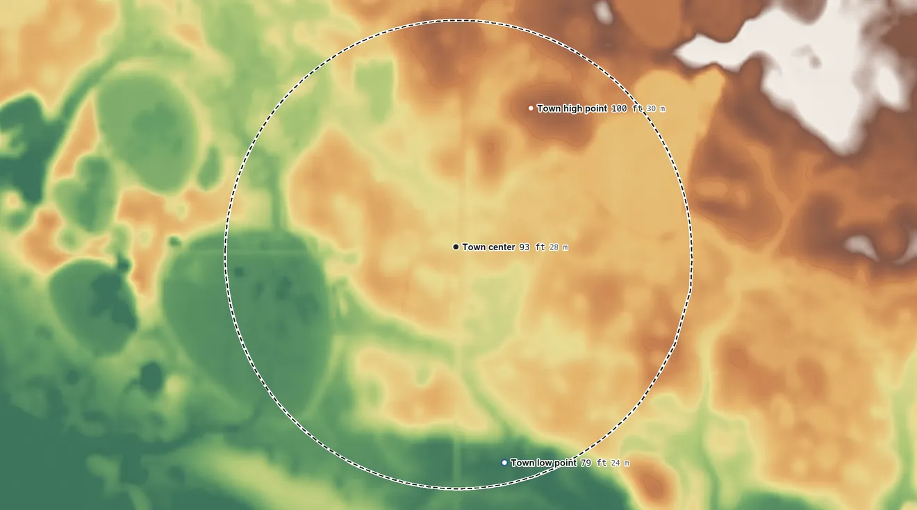 Topographic elevation map of Scotia, South Carolina, shaded from 79 ft on the south side to 100 ft on the northeast side