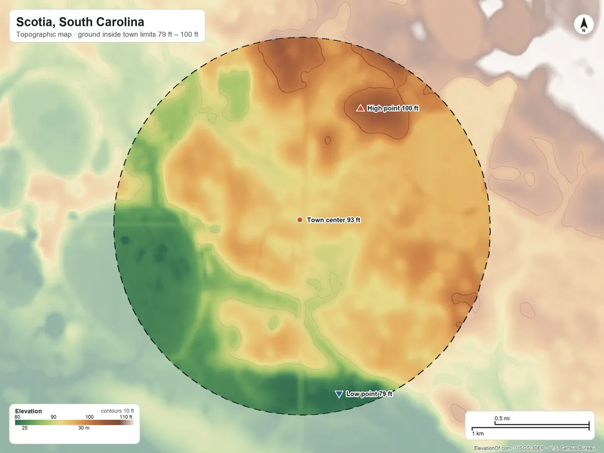Topographic elevation map of Scotia, South Carolina, shaded from 79 ft on the south side to 100 ft on the northeast side