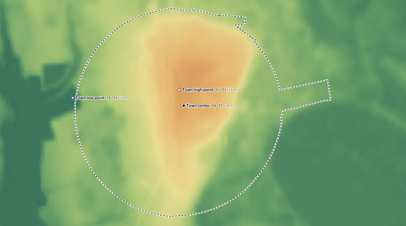 Topographic elevation map of Scranton, South Carolina, shaded from 76 ft on the west side to 95 ft near the middle