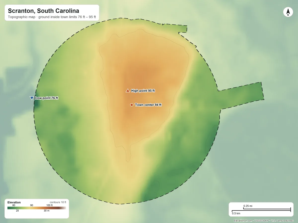 Topographic elevation map of Scranton, South Carolina, shaded from 76 ft on the west side to 95 ft near the middle