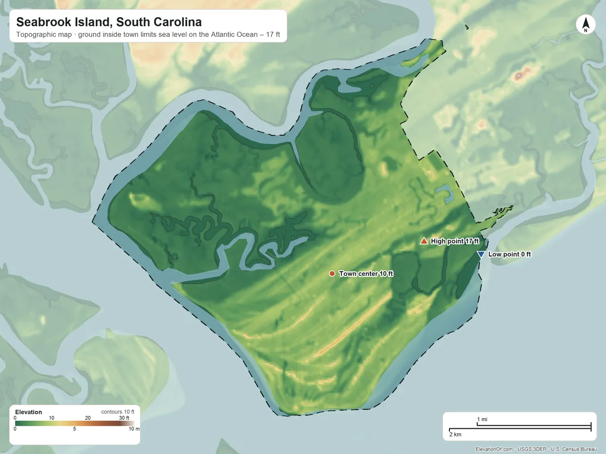 Topographic elevation map of Seabrook Island, South Carolina, shaded from sea level level on the Atlantic Ocean to 17 ft on the east side