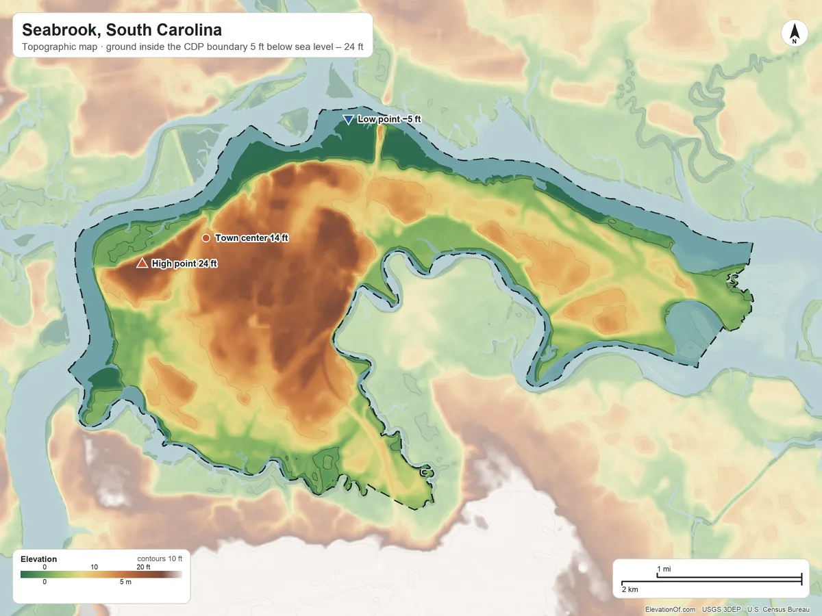 Topographic elevation map of Seabrook, South Carolina, shaded from −5 ft on the northeast side to 24 ft near the middle