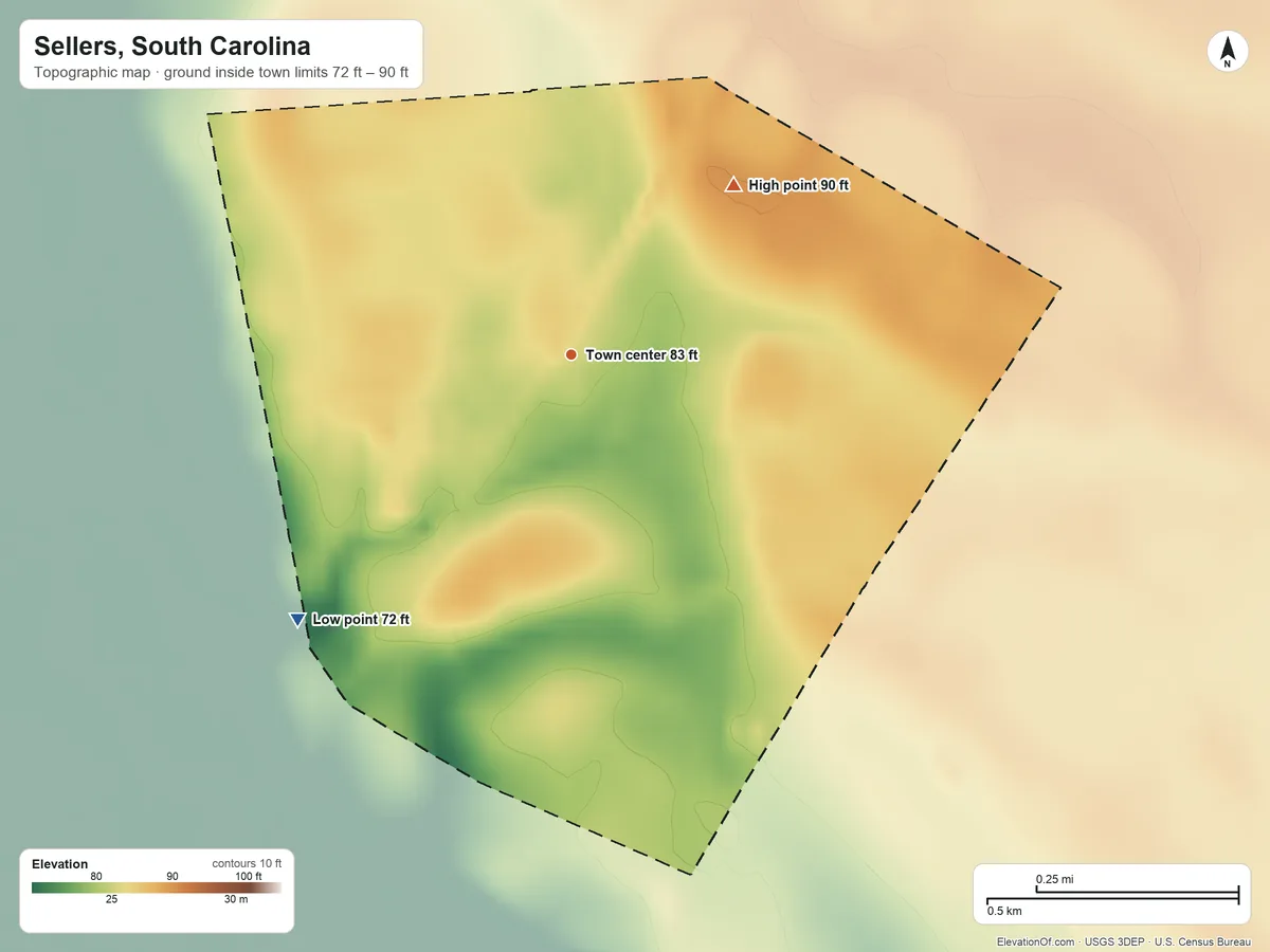 Topographic elevation map of Sellers, South Carolina, shaded from 72 ft on the southwest side to 90 ft on the northeast side