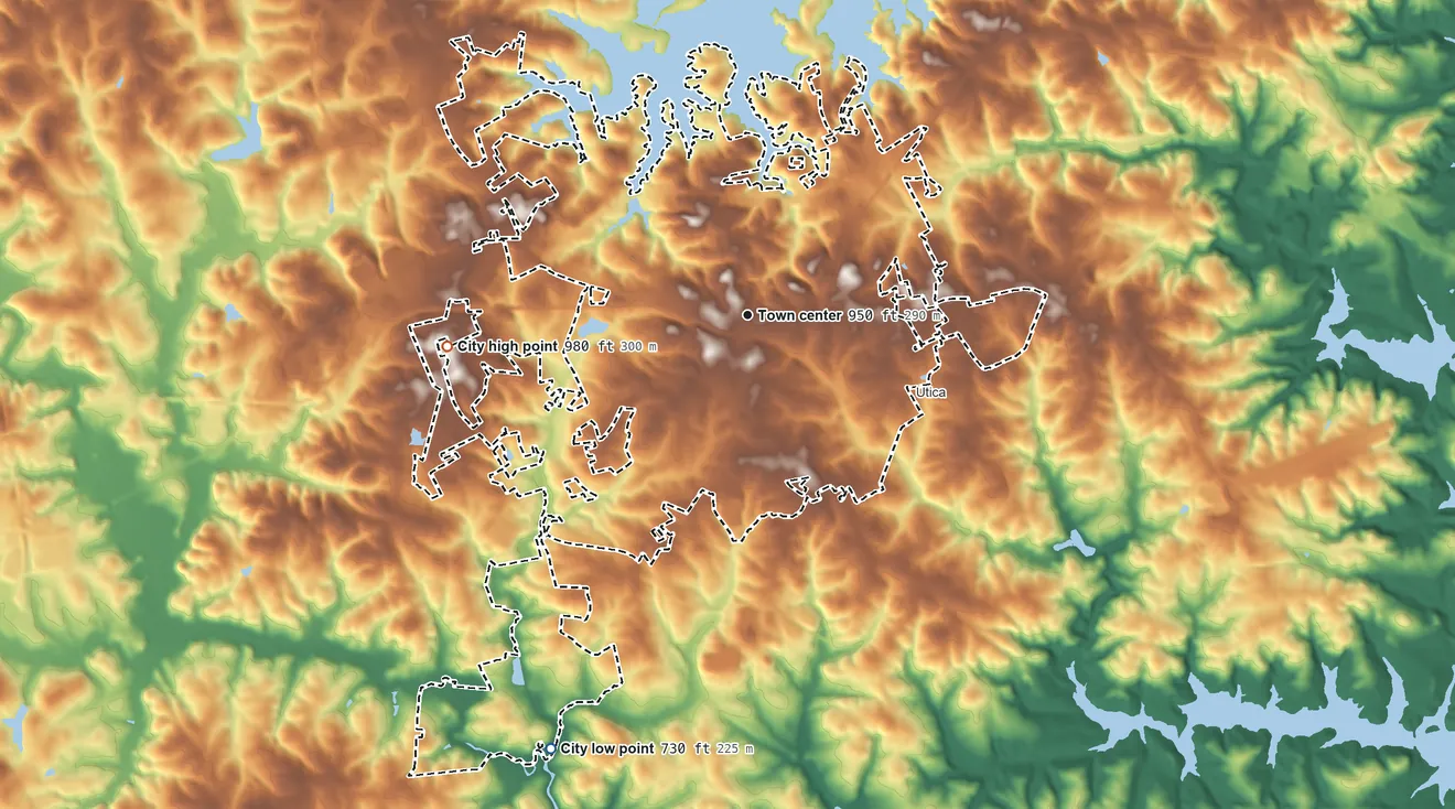 Topographic elevation map of Seneca, South Carolina, shaded from 730 ft on the southwest side to 980 ft on the west side