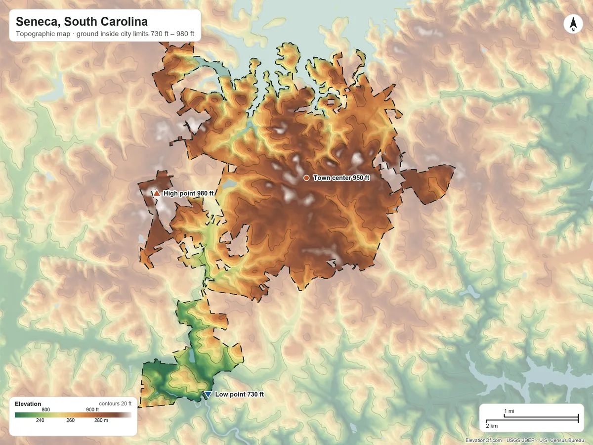 Topographic elevation map of Seneca, South Carolina, shaded from 730 ft on the southwest side to 980 ft on the west side