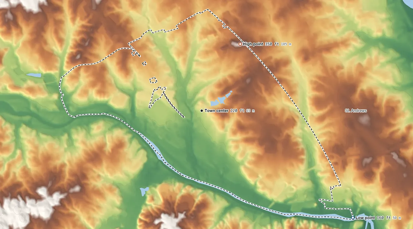 Topographic elevation map of Seven Oaks, South Carolina, shaded from 160 ft on the southeast side to 350 ft on the northeast side