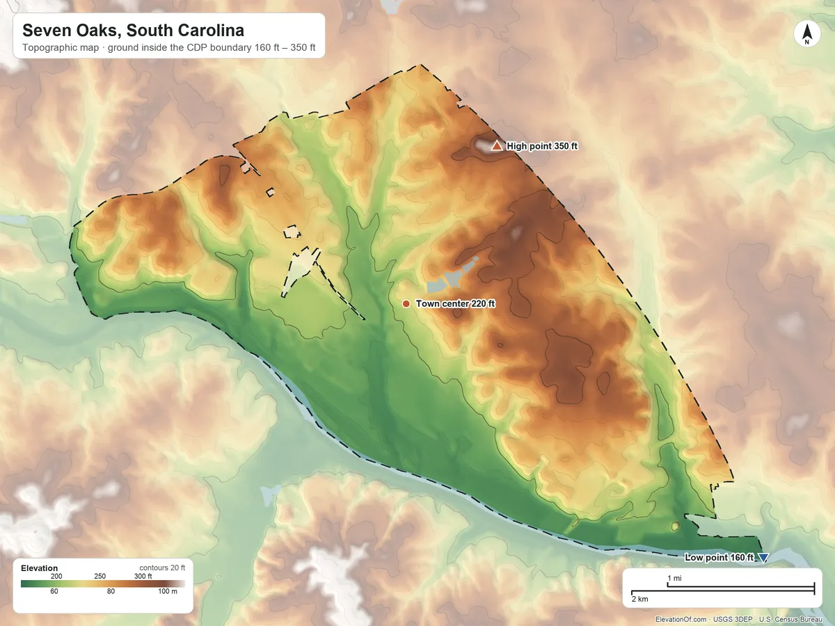 Topographic elevation map of Seven Oaks, South Carolina, shaded from 160 ft on the southeast side to 350 ft on the northeast side