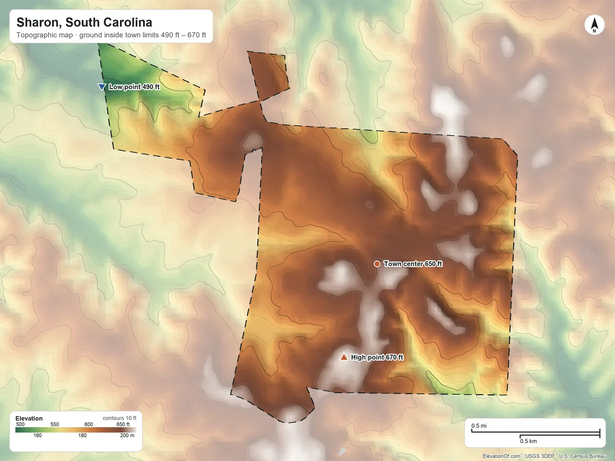 Topographic elevation map of Sharon, South Carolina, shaded from 490 ft on the northwest side to 670 ft on the south side
