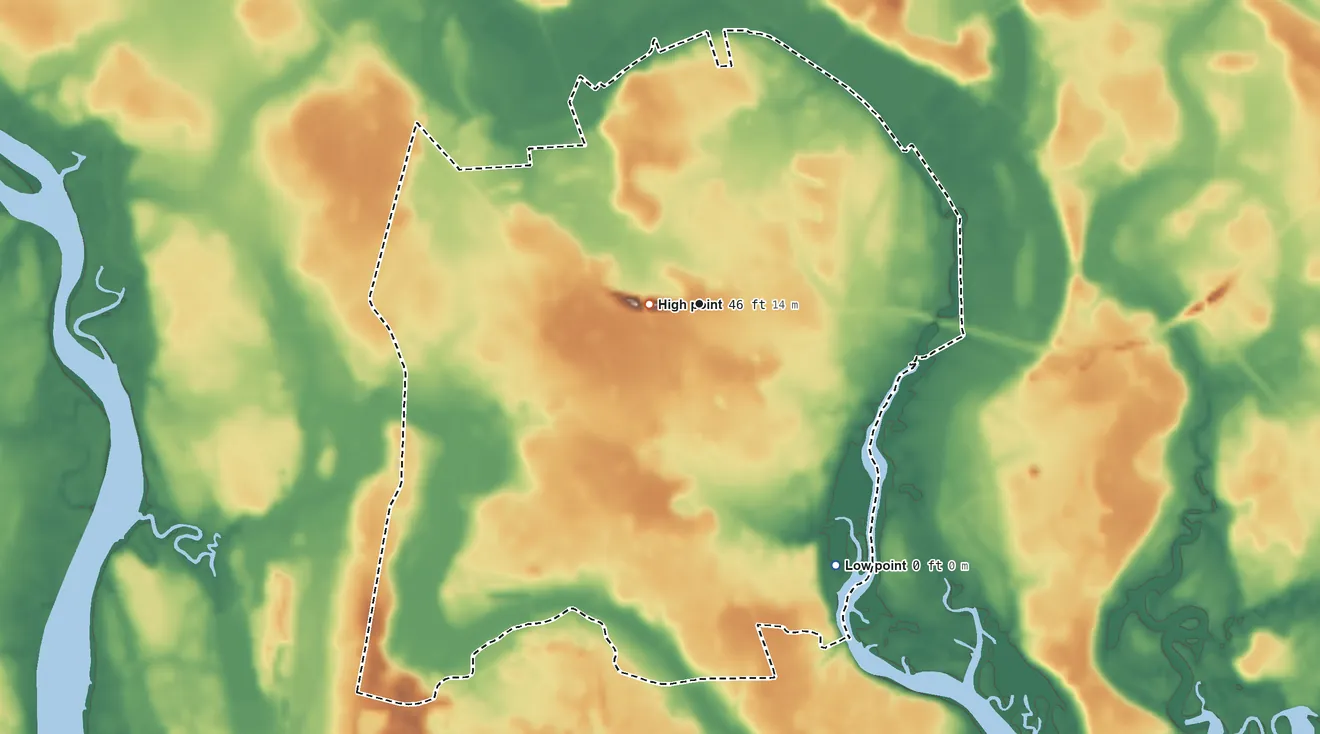 Topographic elevation map of Sheldon, South Carolina, shaded from 0 ft on the southeast side to 46 ft near the middle