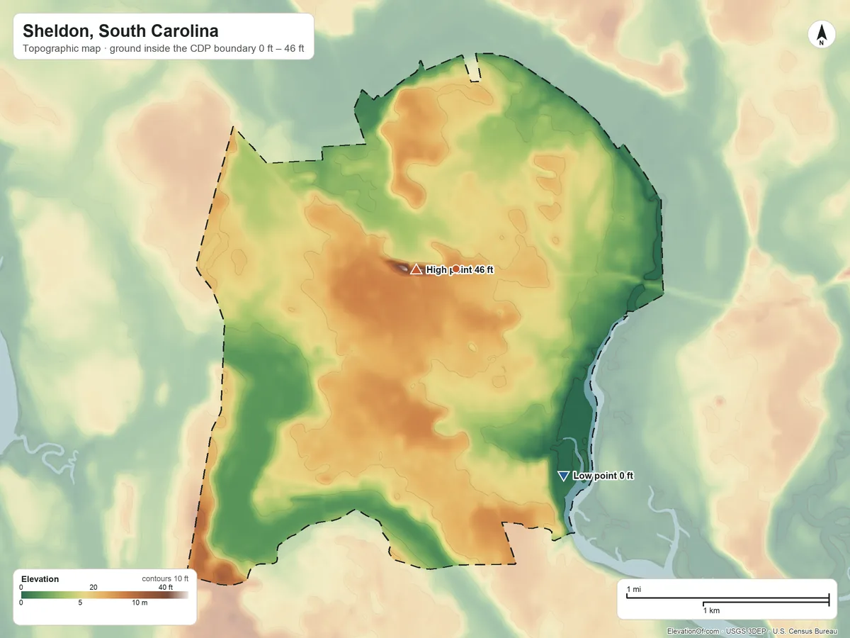 Topographic elevation map of Sheldon, South Carolina, shaded from 0 ft on the southeast side to 46 ft near the middle
