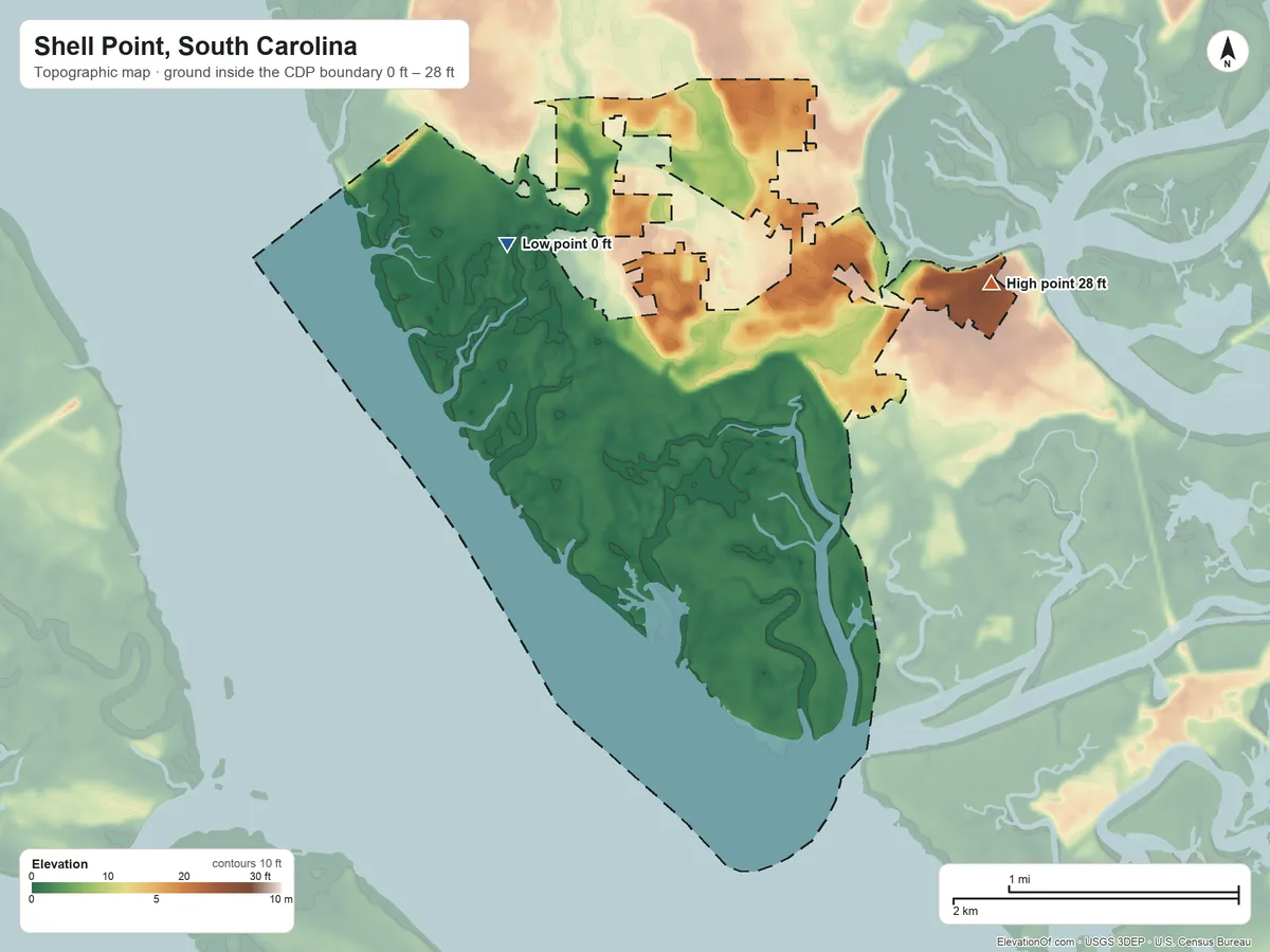 Topographic elevation map of Shell Point, South Carolina, shaded from 0 ft on the west side to 28 ft on the east side