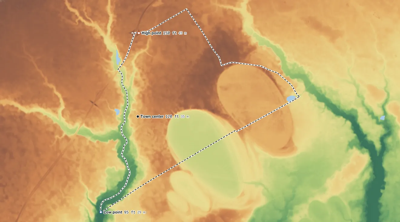 Topographic elevation map of Shiloh, South Carolina, shaded from 95 ft on the south side to 150 ft on the north side