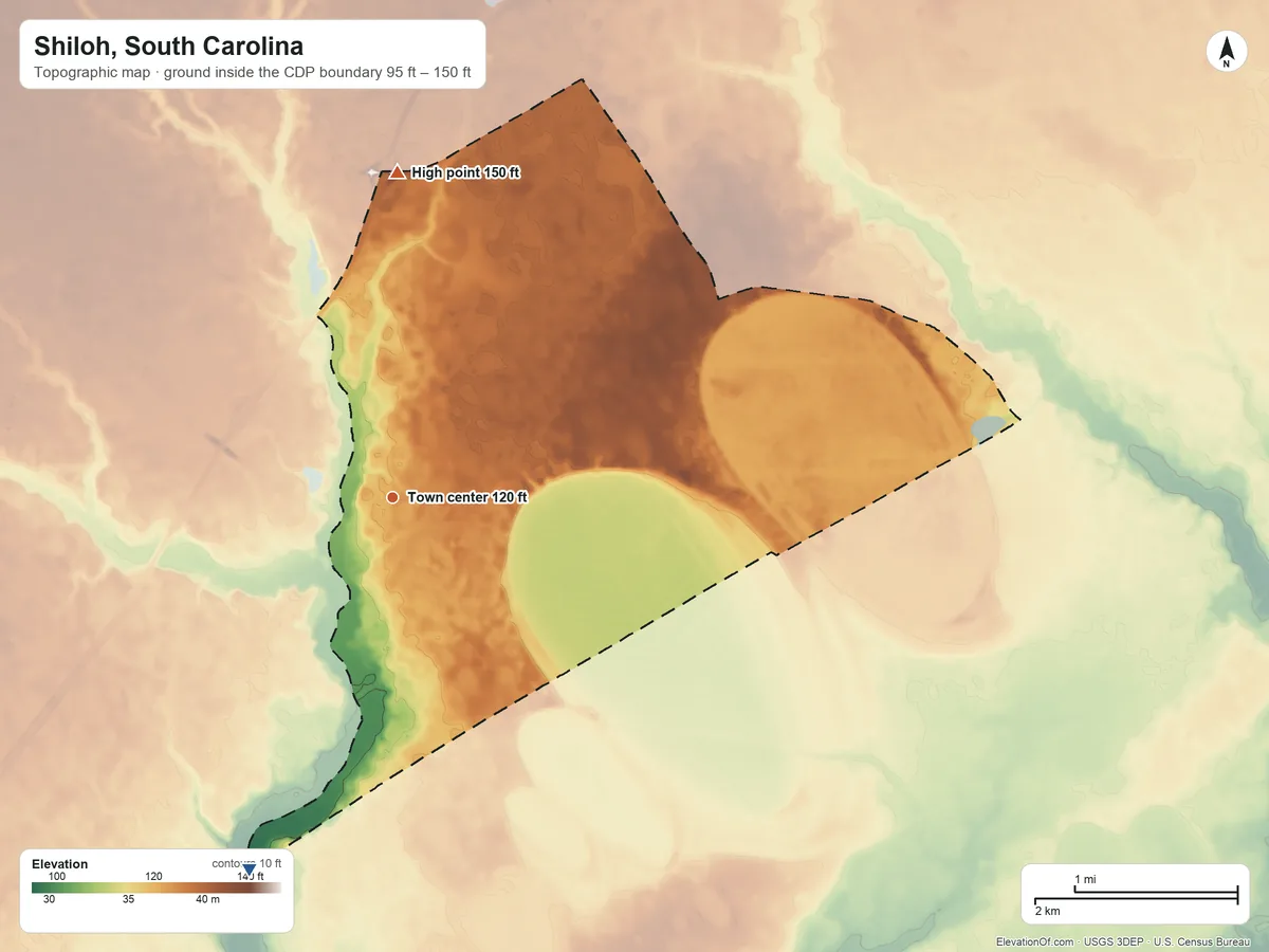 Topographic elevation map of Shiloh, South Carolina, shaded from 95 ft on the south side to 150 ft on the north side