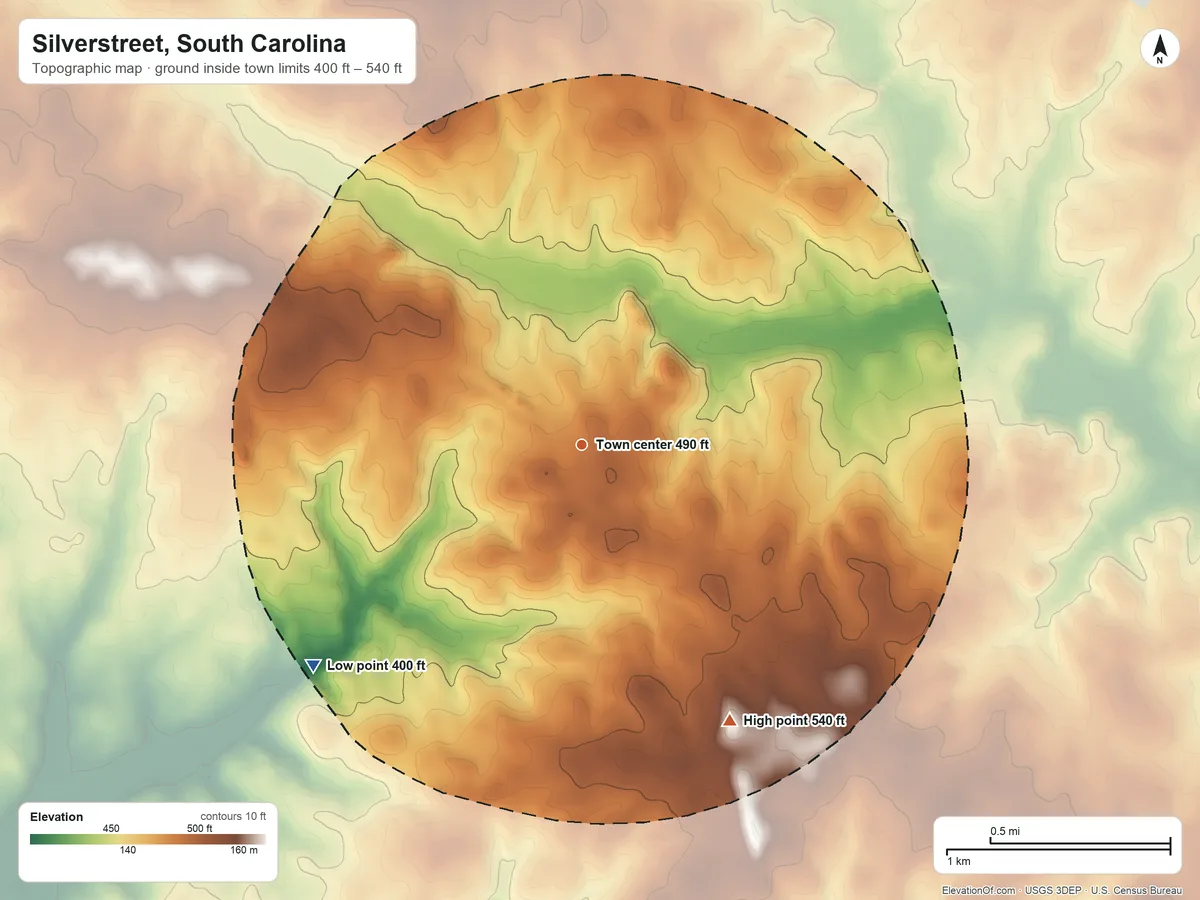 Topographic elevation map of Silverstreet, South Carolina, shaded from 400 ft on the southwest side to 540 ft on the southeast side