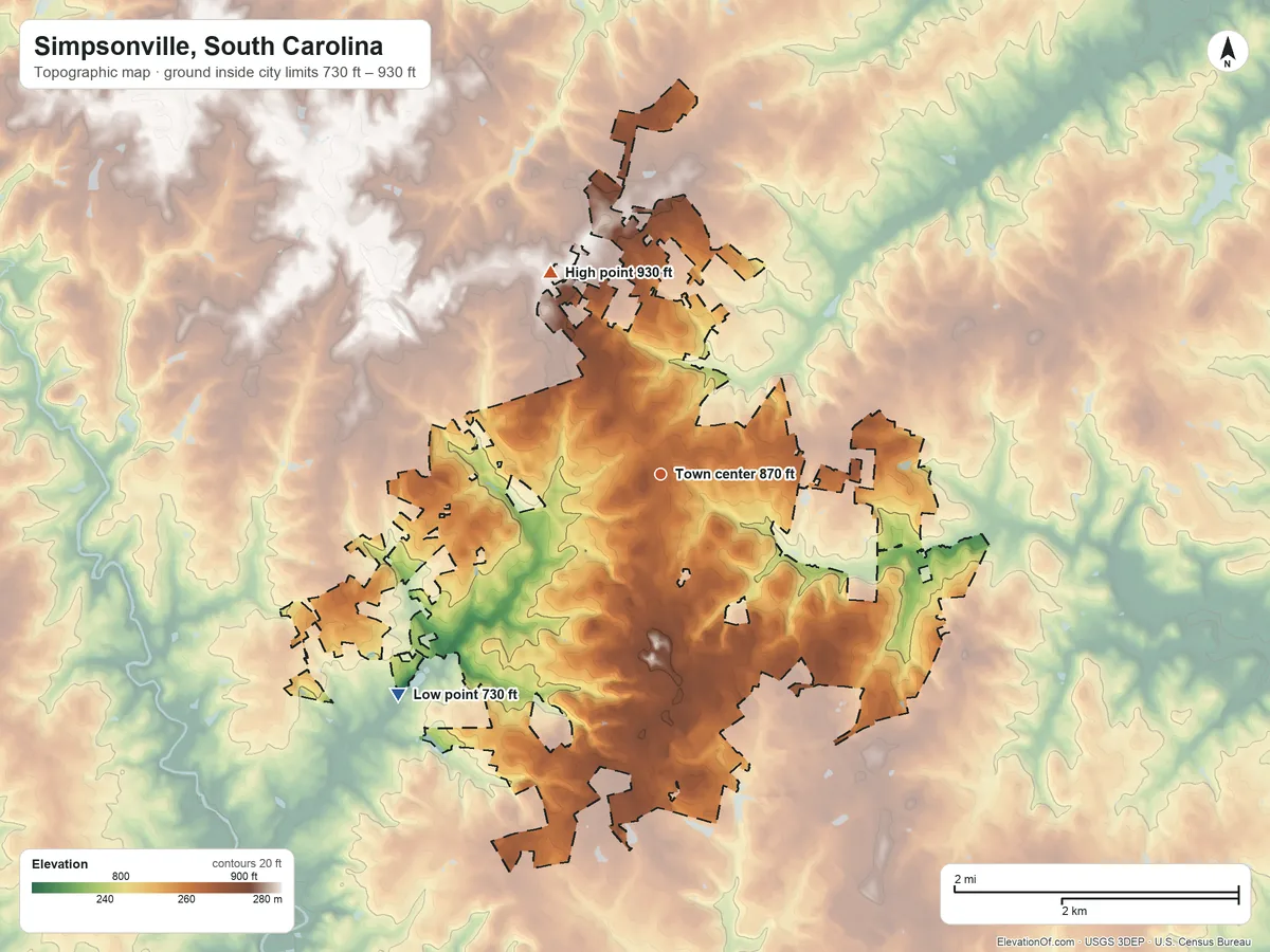 Topographic elevation map of Simpsonville, South Carolina, shaded from 730 ft on the southwest side to 930 ft on the northwest side