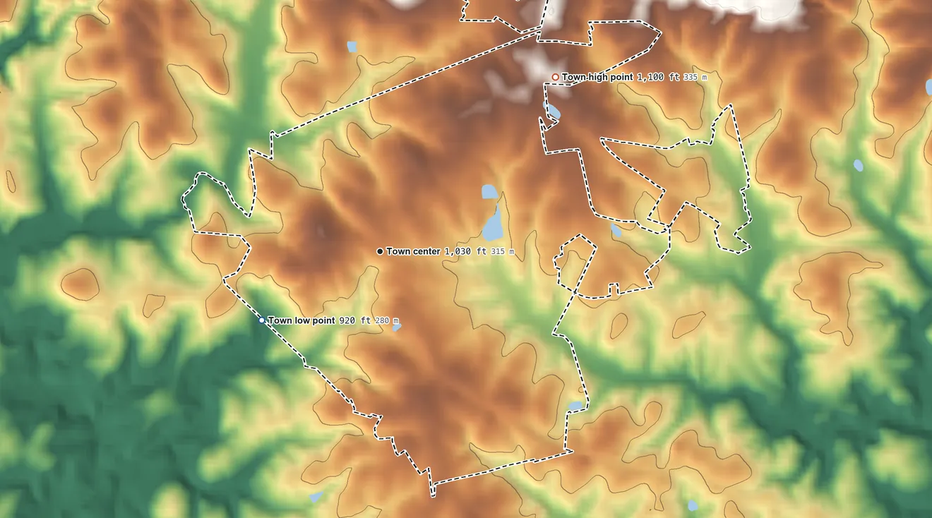 Topographic elevation map of Six Mile, South Carolina, shaded from 920 ft on the southwest side to 1,100 ft on the northeast edge, below higher ground just outside