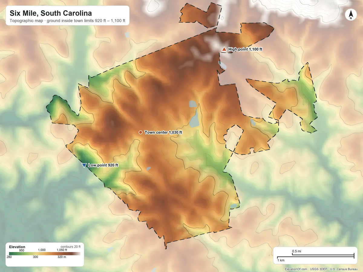 Topographic elevation map of Six Mile, South Carolina, shaded from 920 ft on the southwest side to 1,100 ft on the northeast edge, below higher ground just outside