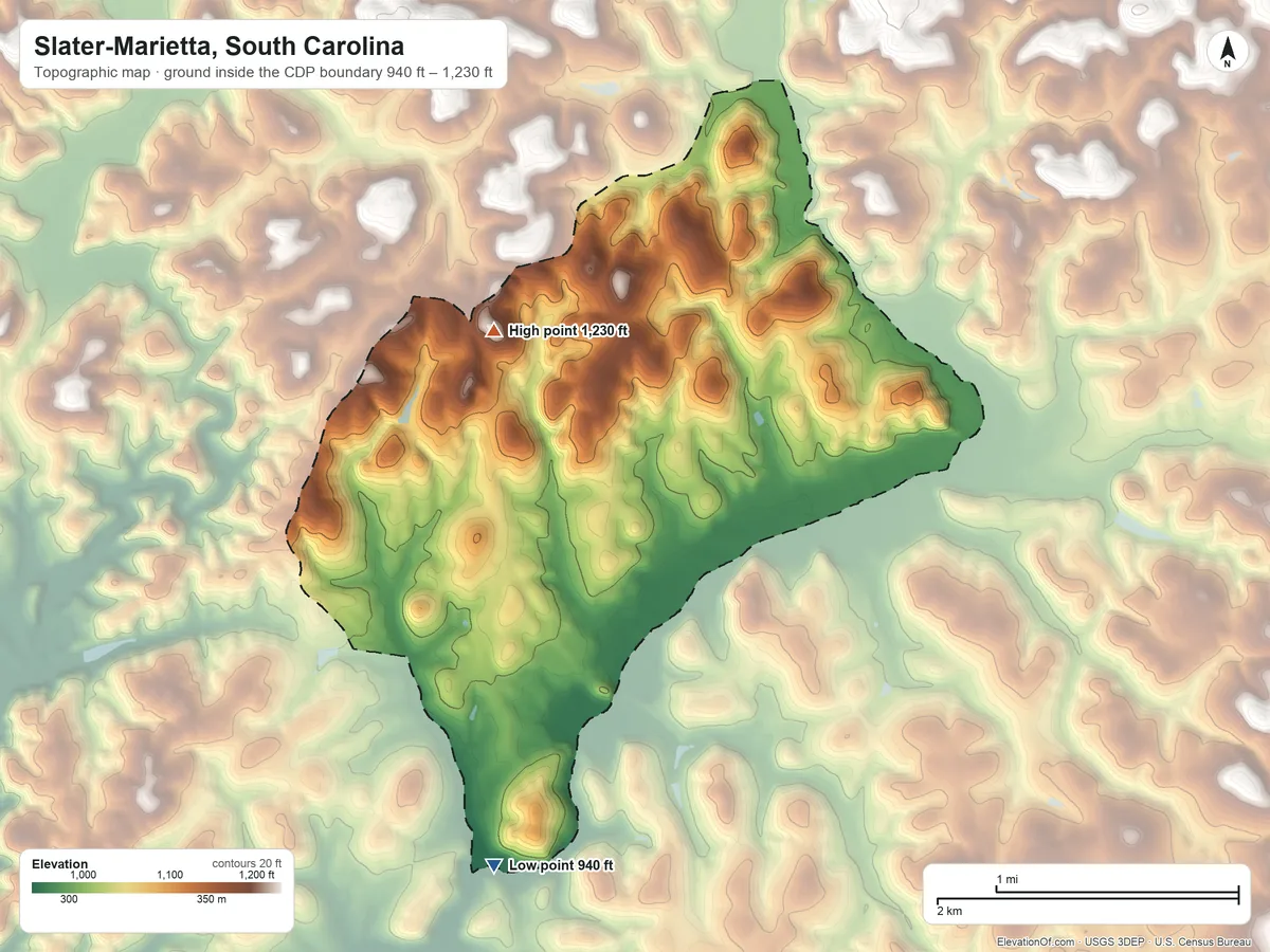 Topographic elevation map of Slater-Marietta, South Carolina, shaded from 940 ft on the south side to 1,230 ft on the north side