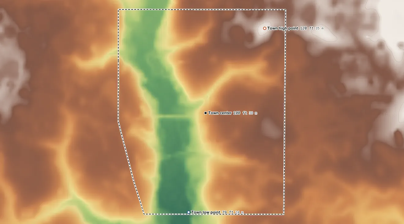 Topographic elevation map of Smoaks, South Carolina, shaded from 79 ft on the south side to 120 ft on the northeast side