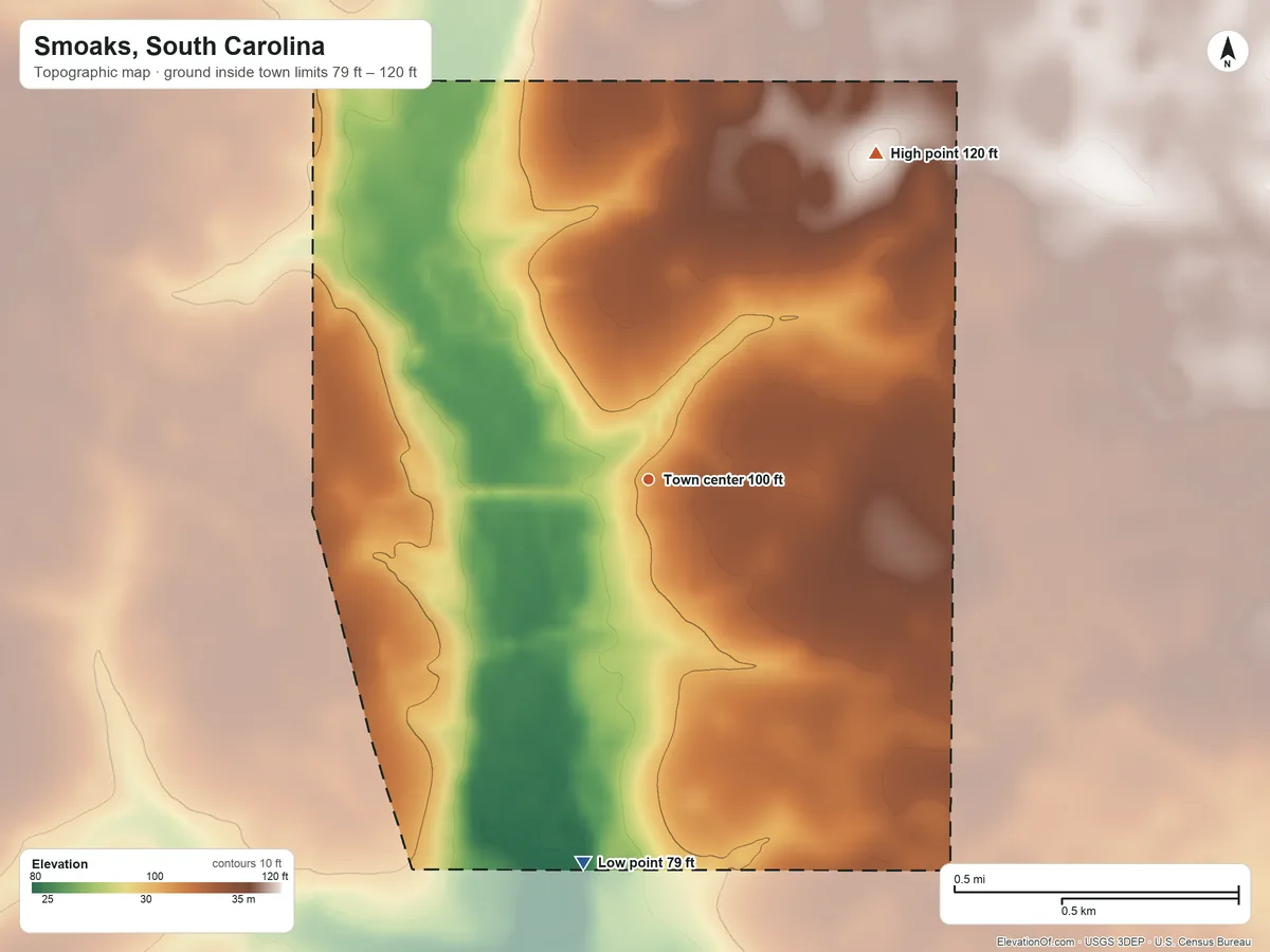 Topographic elevation map of Smoaks, South Carolina, shaded from 79 ft on the south side to 120 ft on the northeast side
