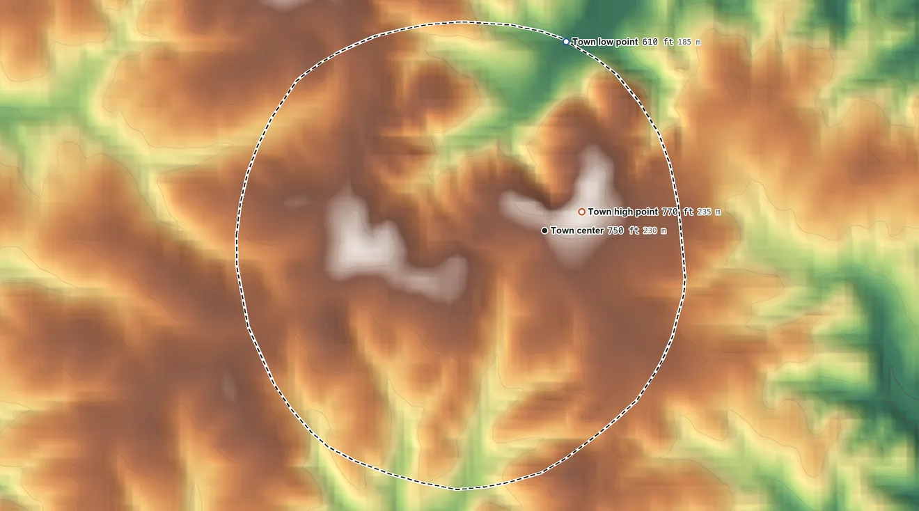 Topographic elevation map of Smyrna, South Carolina, shaded from 610 ft on the north side to 770 ft near the middle