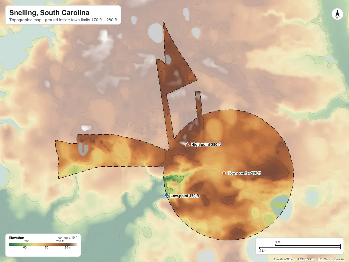 Topographic elevation map of Snelling, South Carolina, shaded from 170 ft on the west side to 280 ft on the northwest side