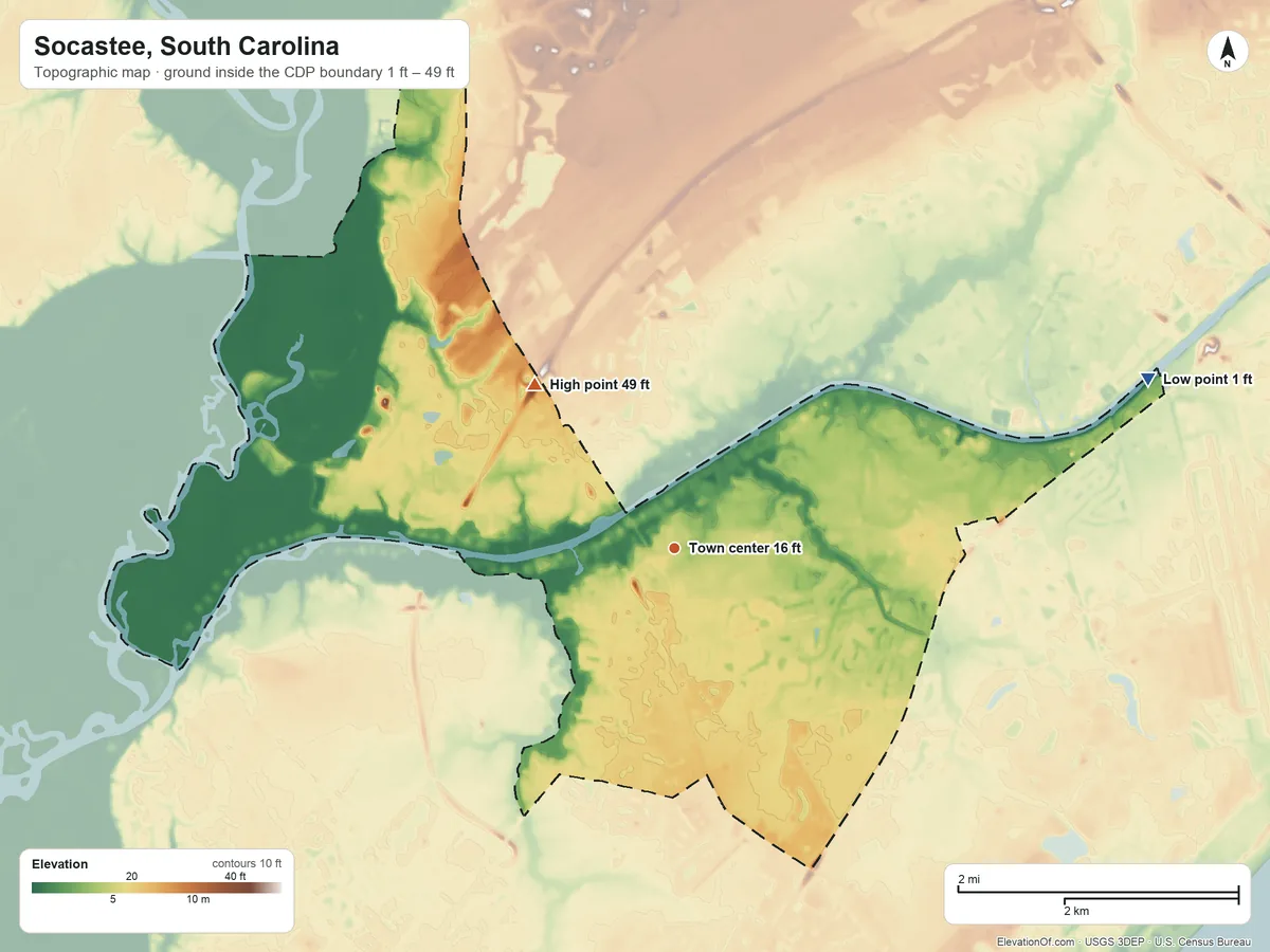 Topographic elevation map of Socastee, South Carolina, shaded from 1 ft on the east side to 49 ft on the northwest side