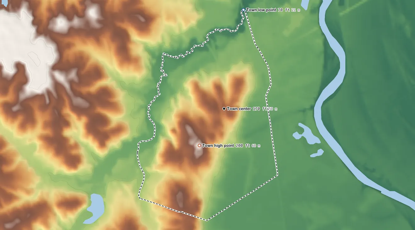 Topographic elevation map of Society Hill, South Carolina, shaded from 70 ft on the north side to 200 ft on the southwest side