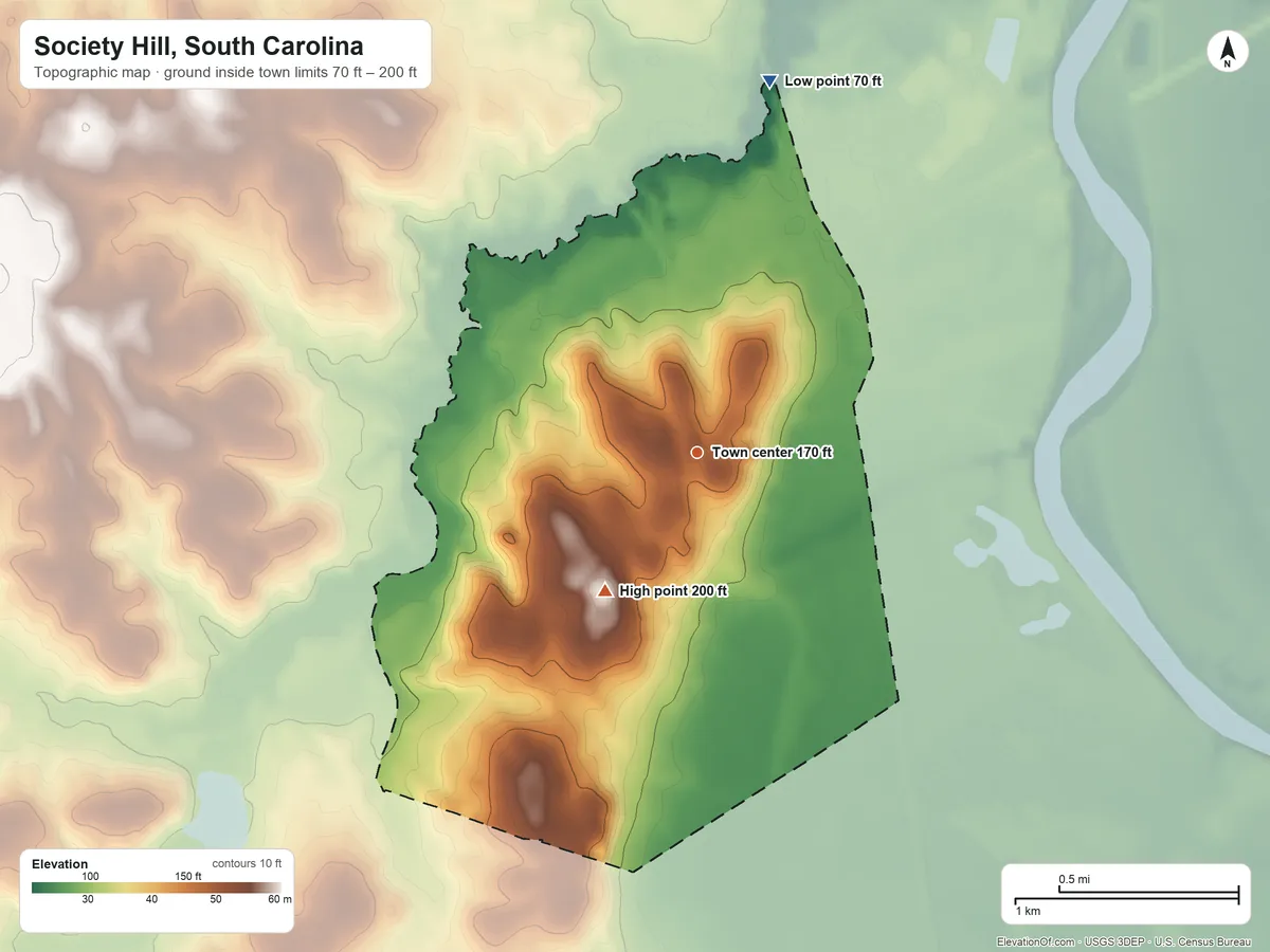 Topographic elevation map of Society Hill, South Carolina, shaded from 70 ft on the north side to 200 ft on the southwest side