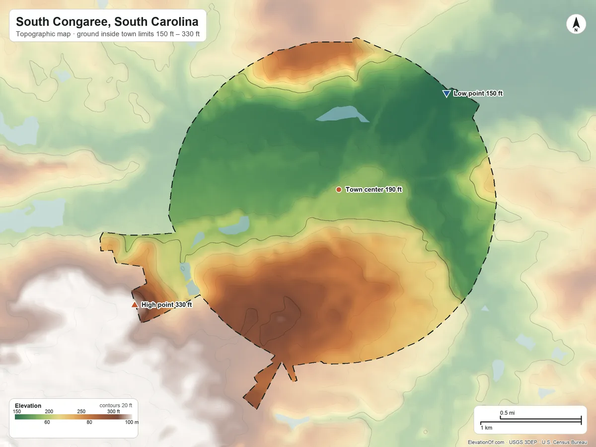 Topographic elevation map of South Congaree, South Carolina, shaded from 150 ft on the northeast side to 330 ft on the southwest side