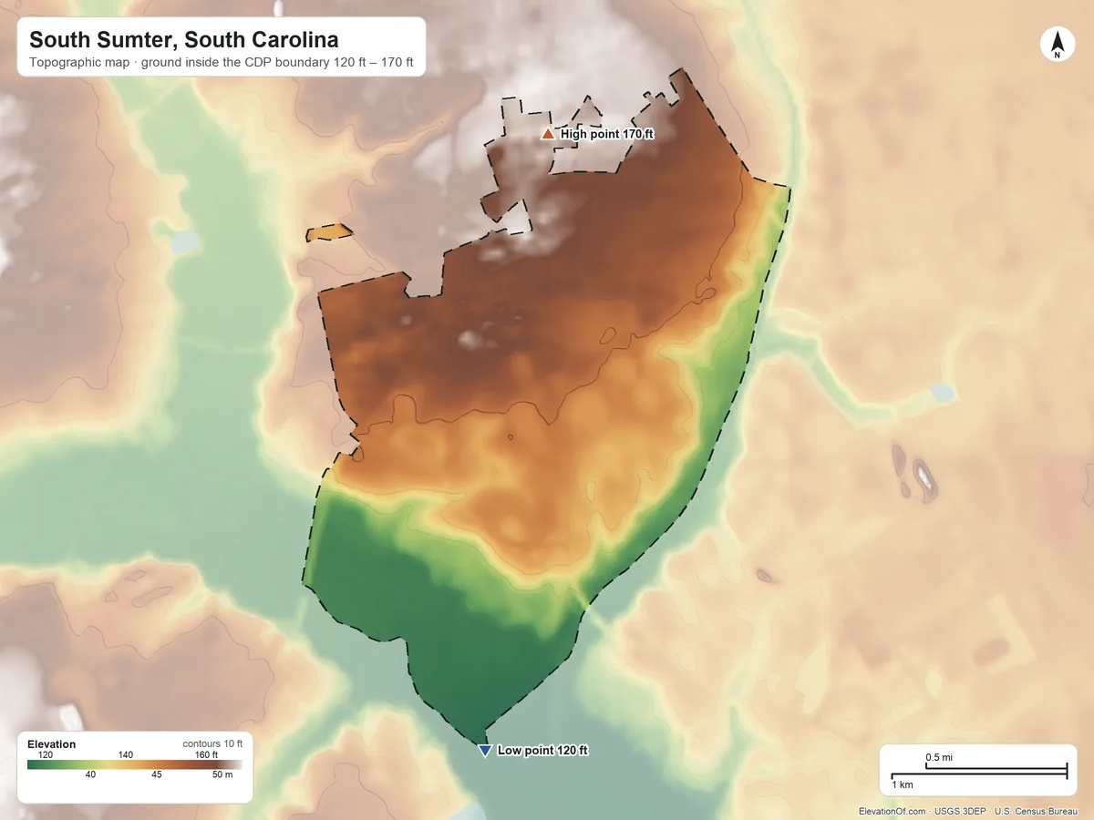 Topographic elevation map of South Sumter, South Carolina, shaded from 120 ft on the south side to 170 ft on the north side