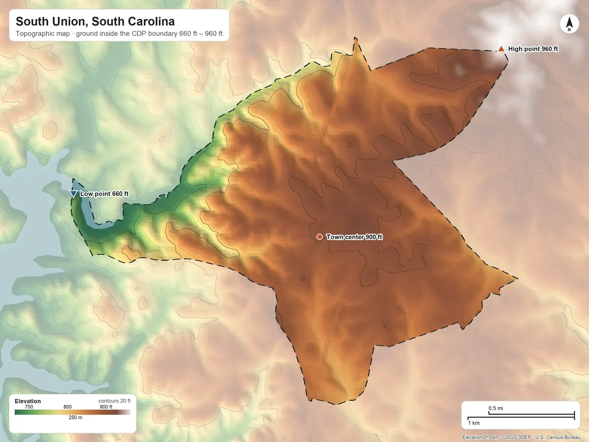 Topographic elevation map of South Union, South Carolina, shaded from 660 ft on the west side to 960 ft on the northeast side