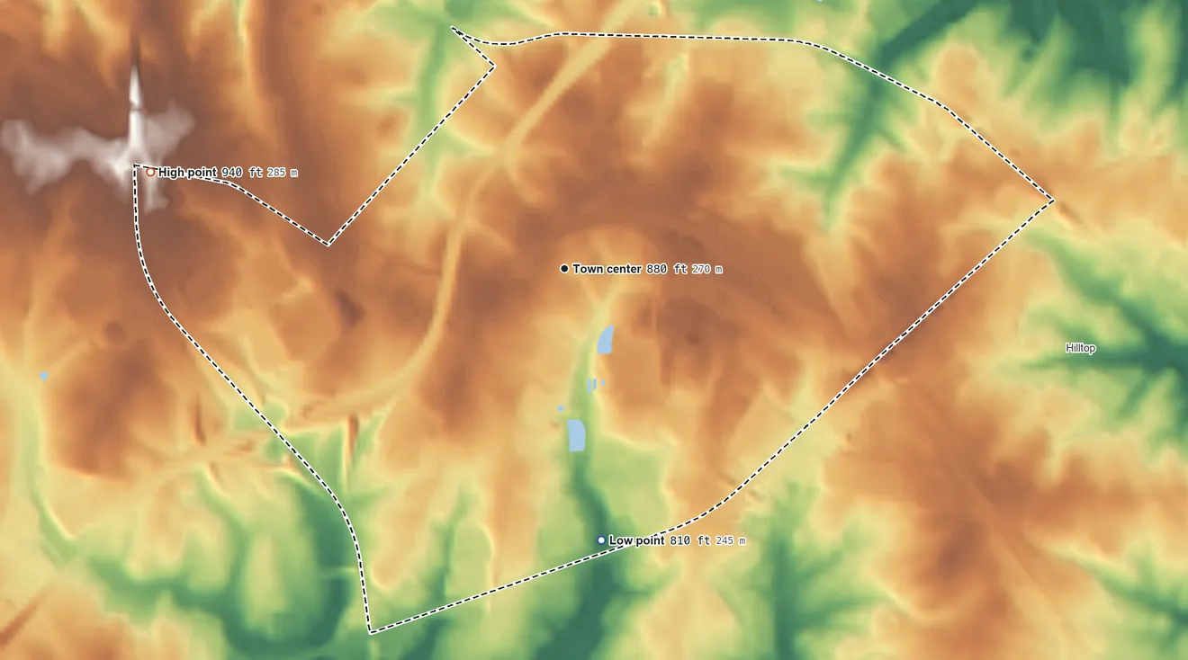 Topographic elevation map of Southern Shops, South Carolina, shaded from 810 ft on the south side to 940 ft on the west side