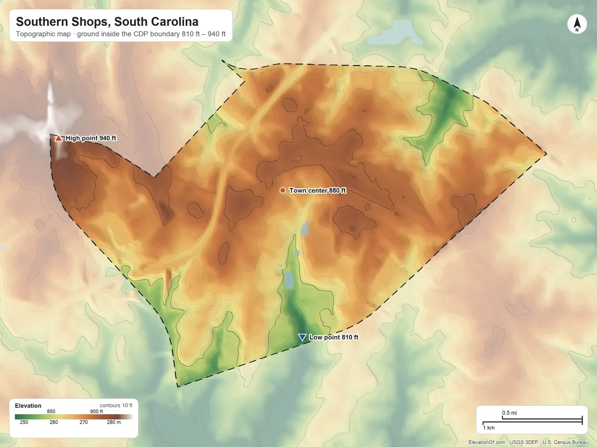 Topographic elevation map of Southern Shops, South Carolina, shaded from 810 ft on the south side to 940 ft on the west side