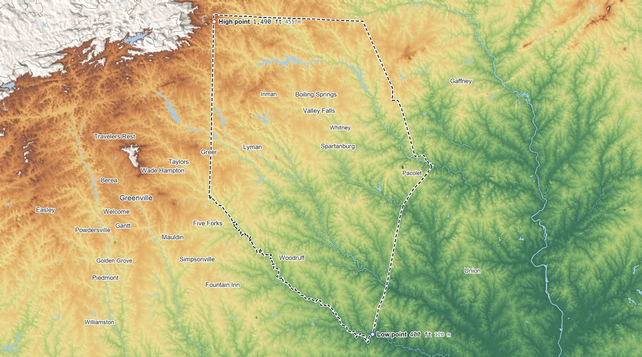 Topographic elevation map of Spartanburg County, South Carolina, shaded from 400 ft on the south side to 1,490 ft on Bird Mountain