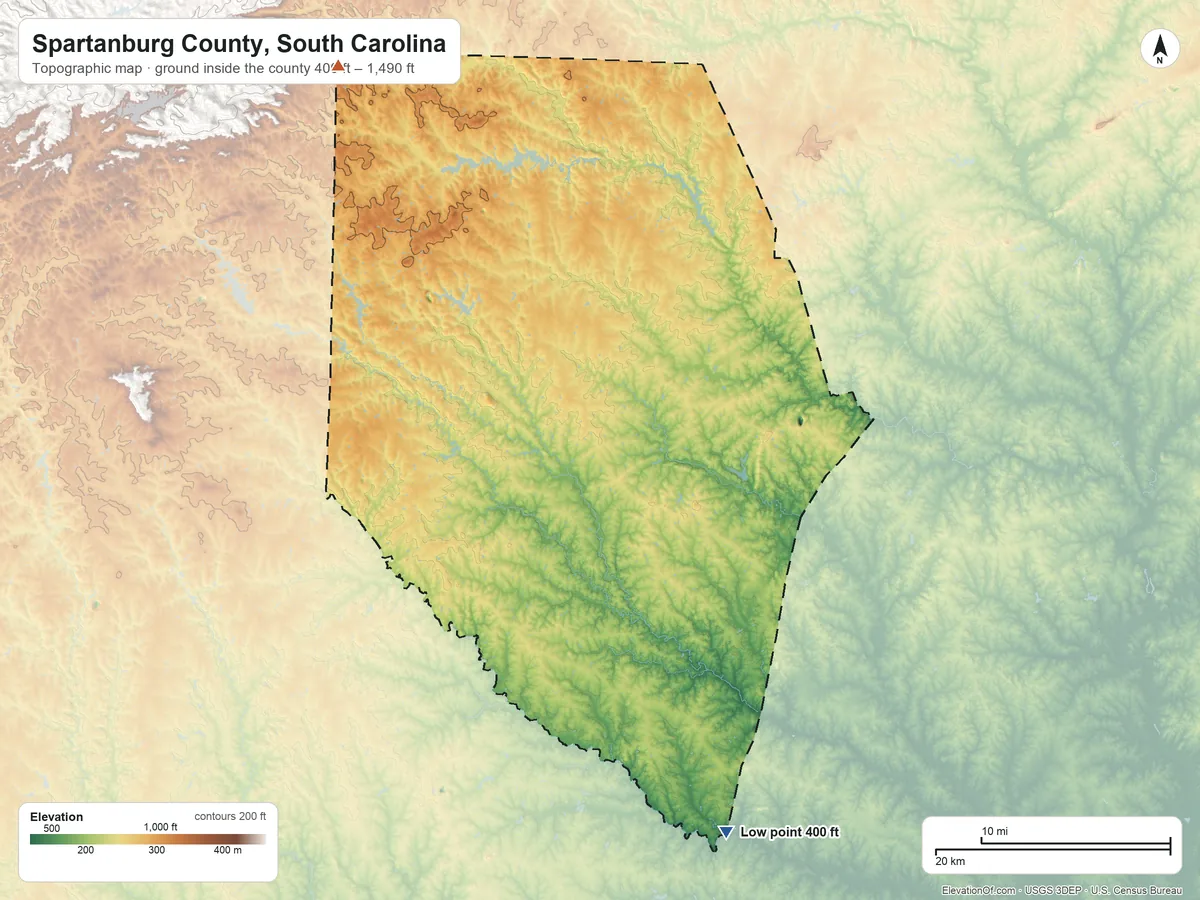 Topographic elevation map of Spartanburg County, South Carolina, shaded from 400 ft on the south side to 1,490 ft on Bird Mountain