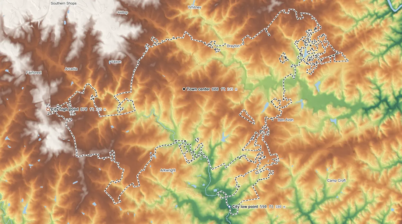 Topographic elevation map of Spartanburg, South Carolina, shaded from 590 ft on the south side to 870 ft on the west side