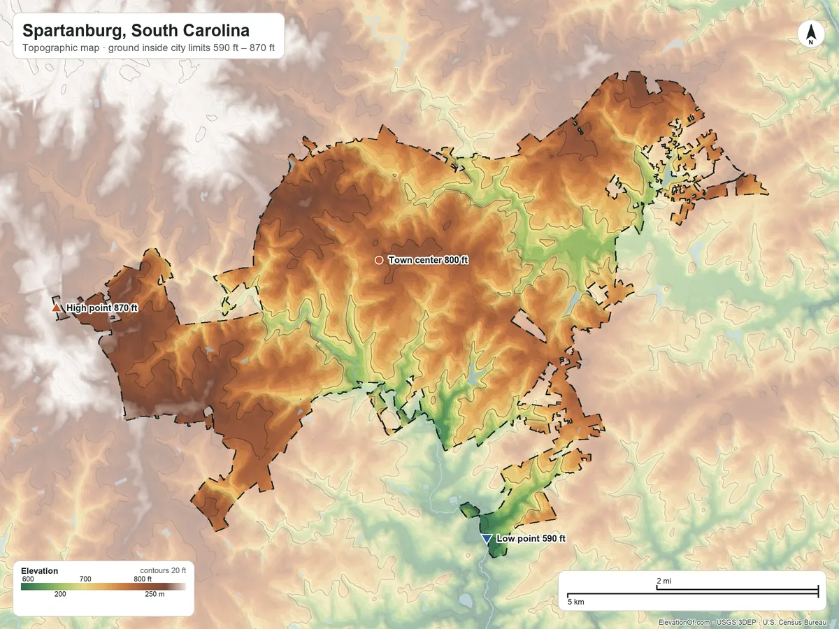 Topographic elevation map of Spartanburg, South Carolina, shaded from 590 ft on the south side to 870 ft on the west side