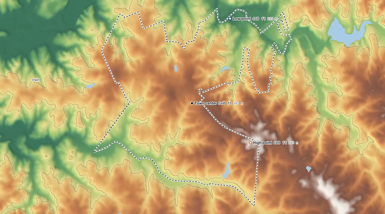 Topographic elevation map of Springdale, Lancaster County, South Carolina, shaded from 440 ft on the northeast side to 600 ft on the southeast side