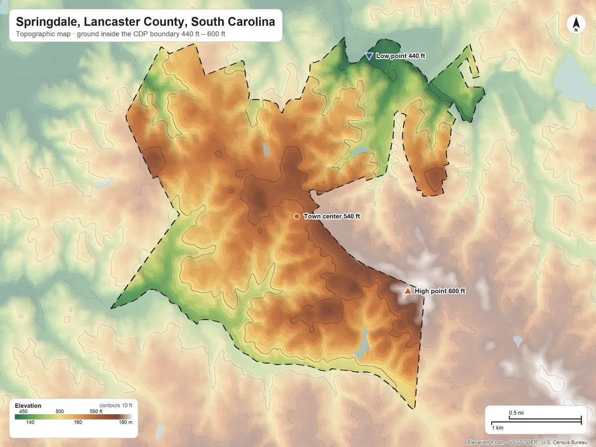 Topographic elevation map of Springdale, Lancaster County, South Carolina, shaded from 440 ft on the northeast side to 600 ft on the southeast side