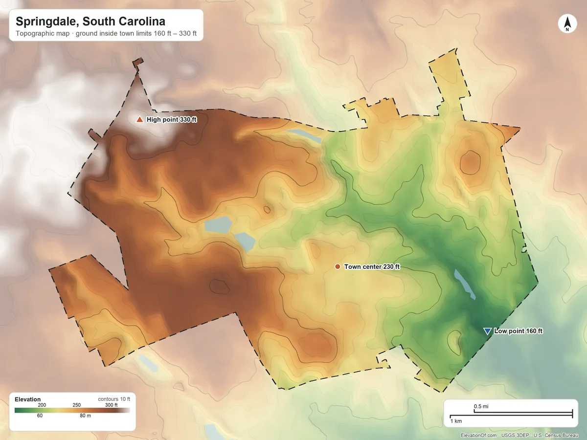 Topographic elevation map of Springdale, South Carolina, shaded from 160 ft on the southeast side to 330 ft on the northwest side