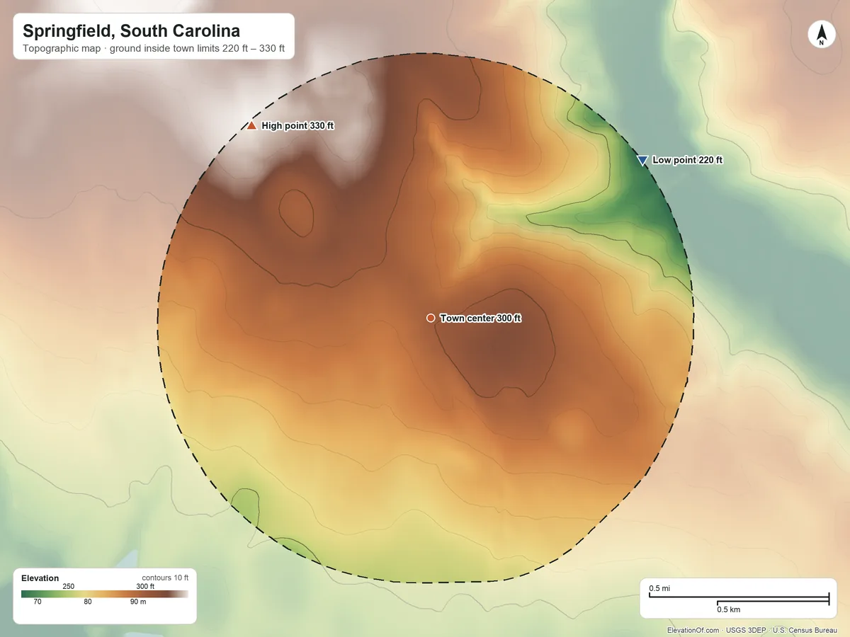 Topographic elevation map of Springfield, South Carolina, shaded from 220 ft on the northeast side to 330 ft on the northwest side